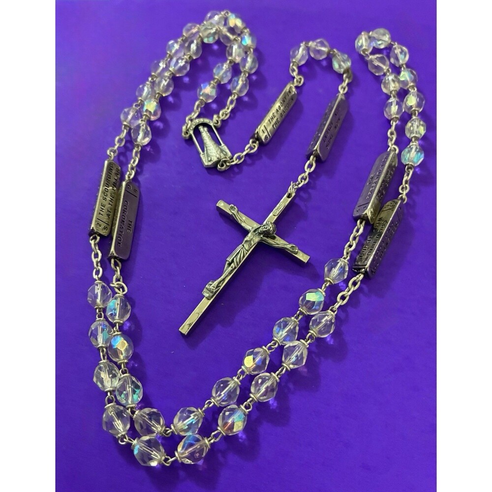Vtg Aurora Borealis Faceted Glass Mystery Rosary Virgen del Rocío ITALY Catholic